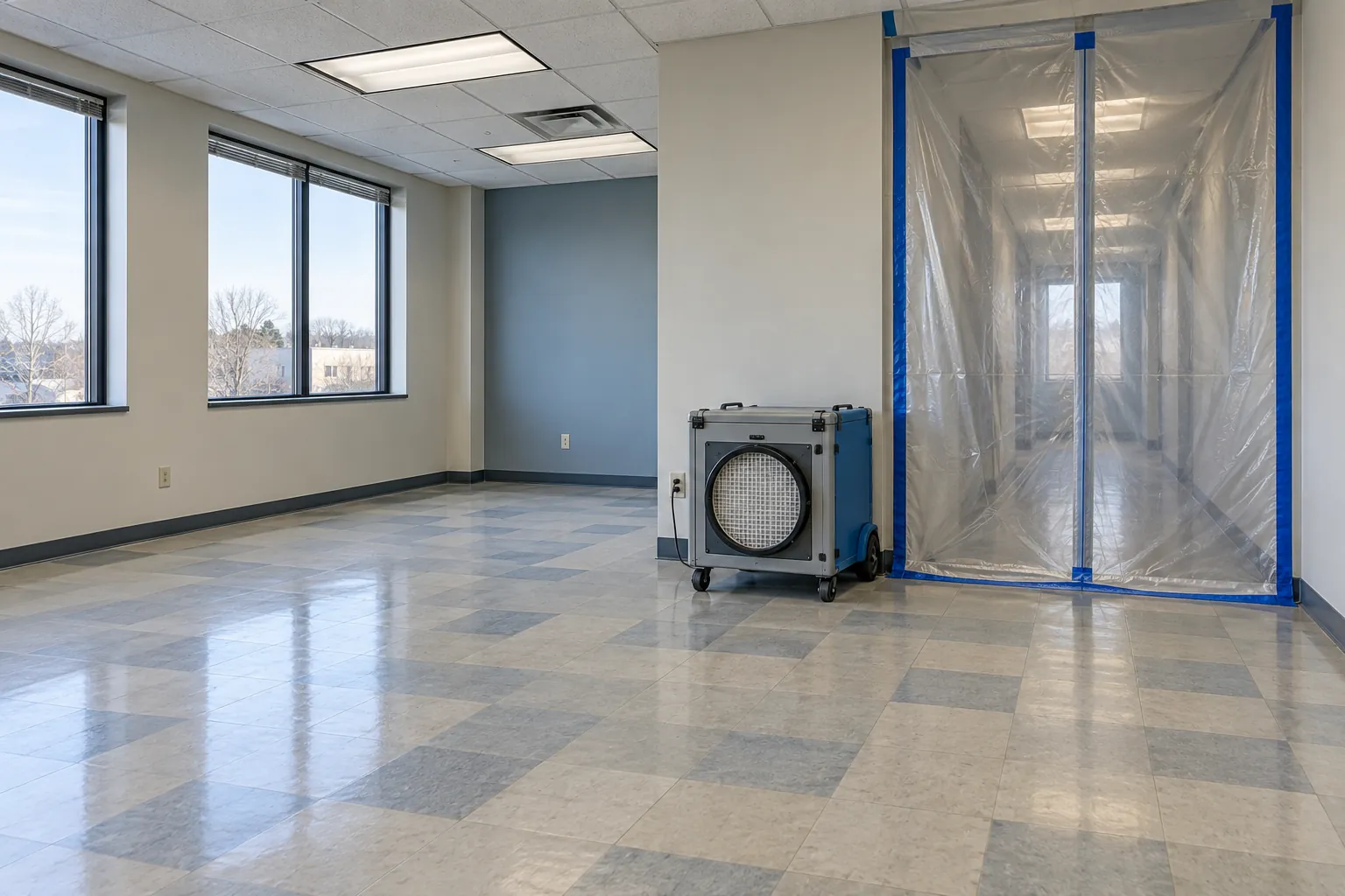 Empty office floor with old vinyl floor tile in a checkered pattern, an air scrubber unit and a plastic-sheeted containment doorway with blue tape
