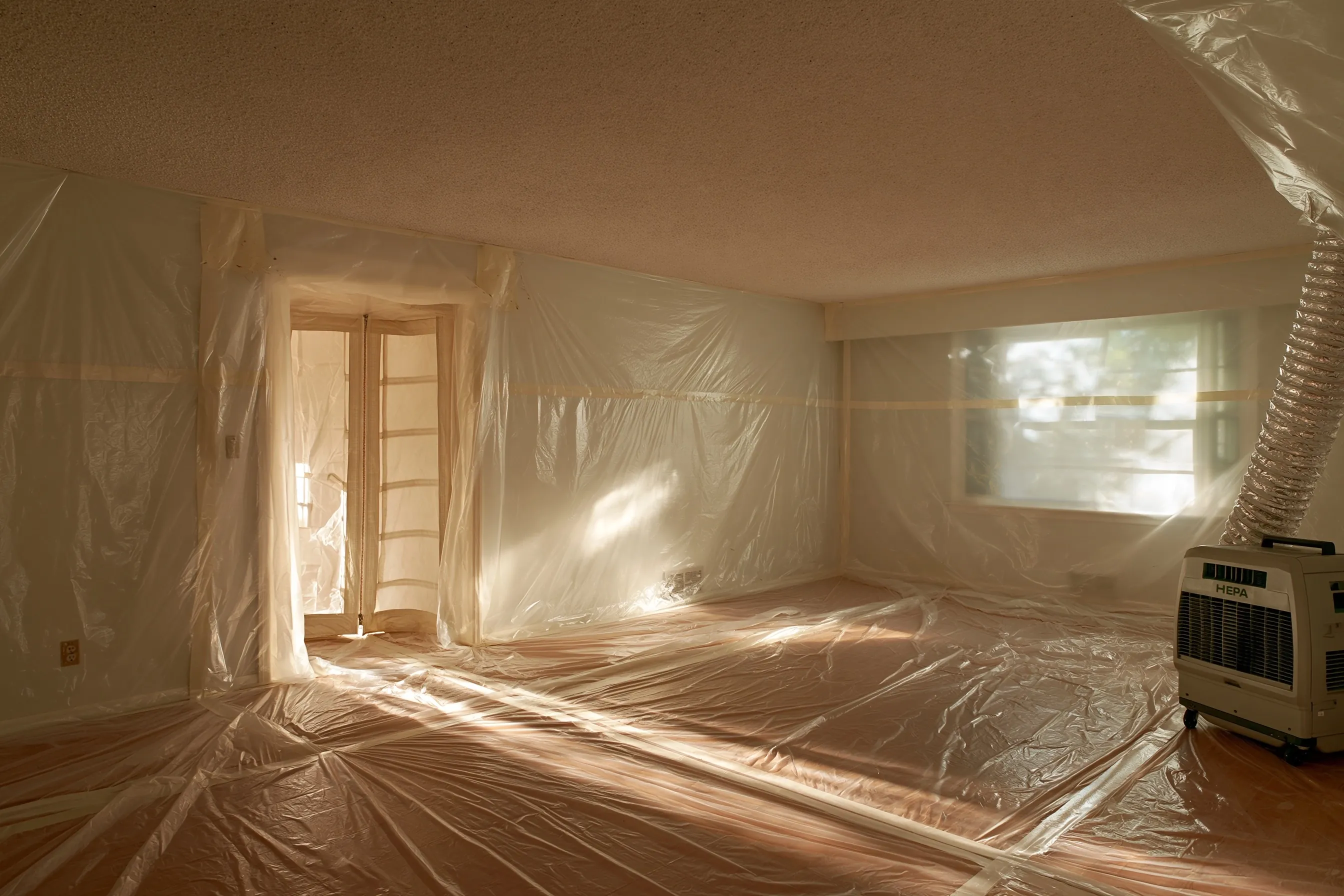 Living room sealed in plastic for asbestos removal, with a textured popcorn ceiling, an air filtration unit and daylight through the windows